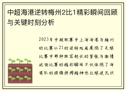 中超海港逆转梅州2比1精彩瞬间回顾与关键时刻分析